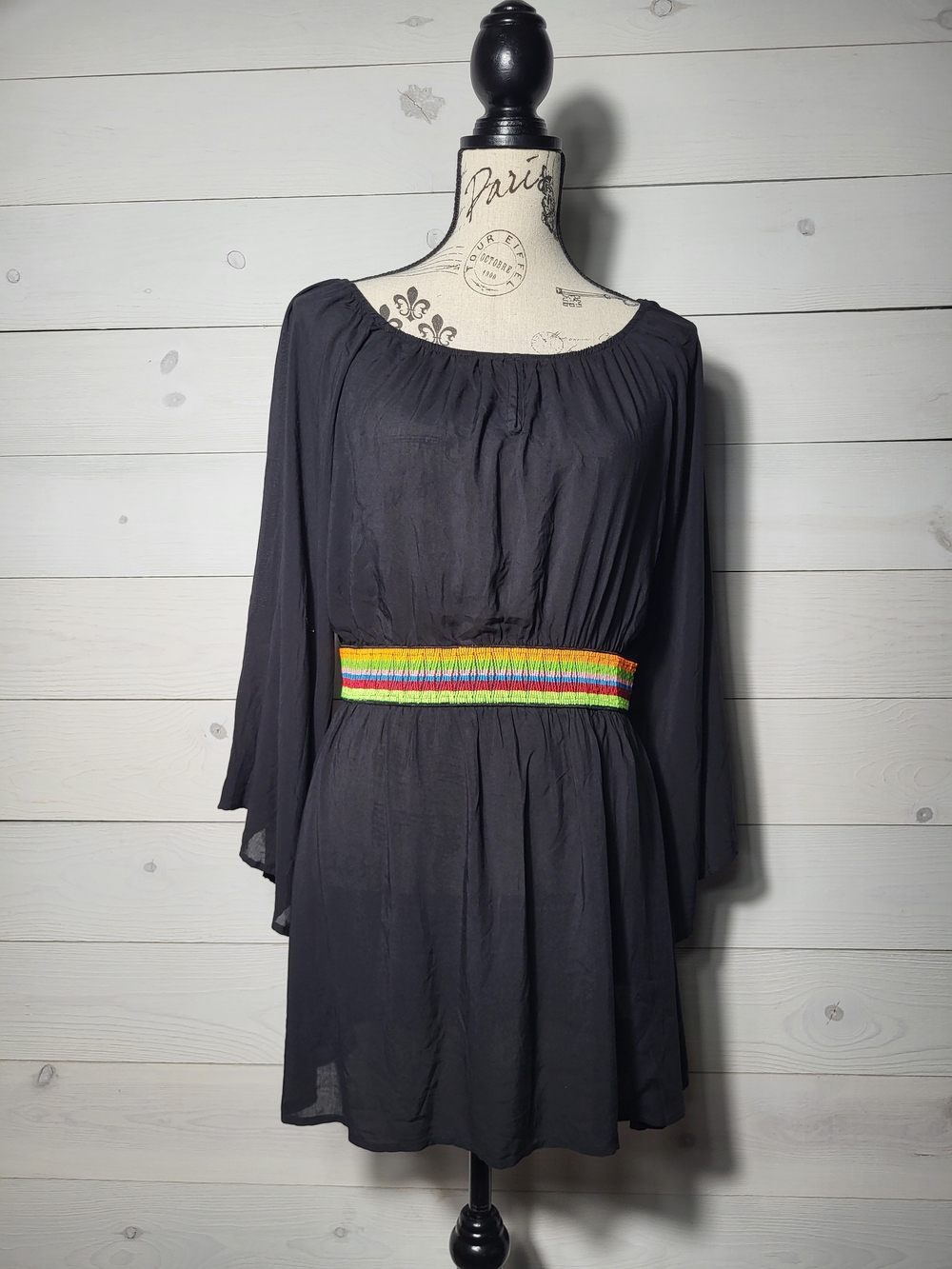 Venus Dress Flowy Boho Bell Sleeve Colorful Rainbow Waistband